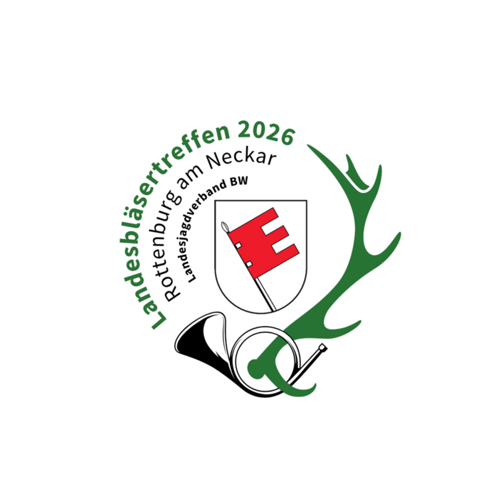 Wappen mit rotem Schlüssel, neben einer grünen Hirschgeweih-Silhouette und einem Horn. Kreisförmiger Text: "Landesbläsertreffen 2026 Rottenburg am Neckar, Landesjagdverband BW".