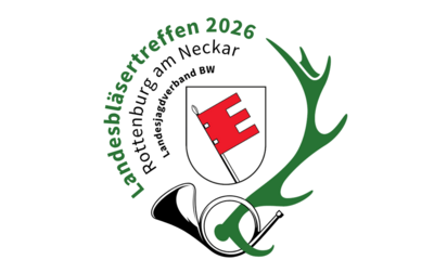 Wappen mit rotem Schlüssel, neben einer grünen Hirschgeweih-Silhouette und einem Horn. Kreisförmiger Text: "Landesbläsertreffen 2026 Rottenburg am Neckar, Landesjagdverband BW".