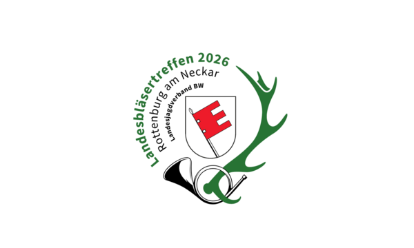 Wappen mit rotem Schlüssel, neben einer grünen Hirschgeweih-Silhouette und einem Horn. Kreisförmiger Text: "Landesbläsertreffen 2026 Rottenburg am Neckar, Landesjagdverband BW".