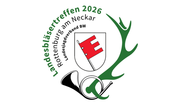 Wappen mit rotem Schlüssel, neben einer grünen Hirschgeweih-Silhouette und einem Horn. Kreisförmiger Text: "Landesbläsertreffen 2026 Rottenburg am Neckar, Landesjagdverband BW".