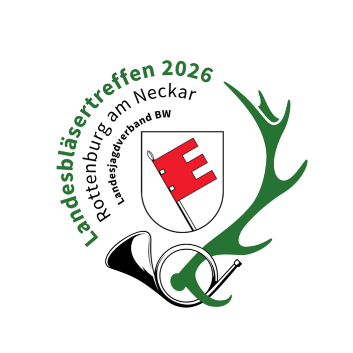 Logo mit Jagdhorn und Hirschgeweih; enthält Text: "Landesbläsertreffen 2026 Rottenburg am Neckar, Landesjagdverband BW" und zeigt ein Wappen mit rotem Schlüsselmuster auf weißem Schild.